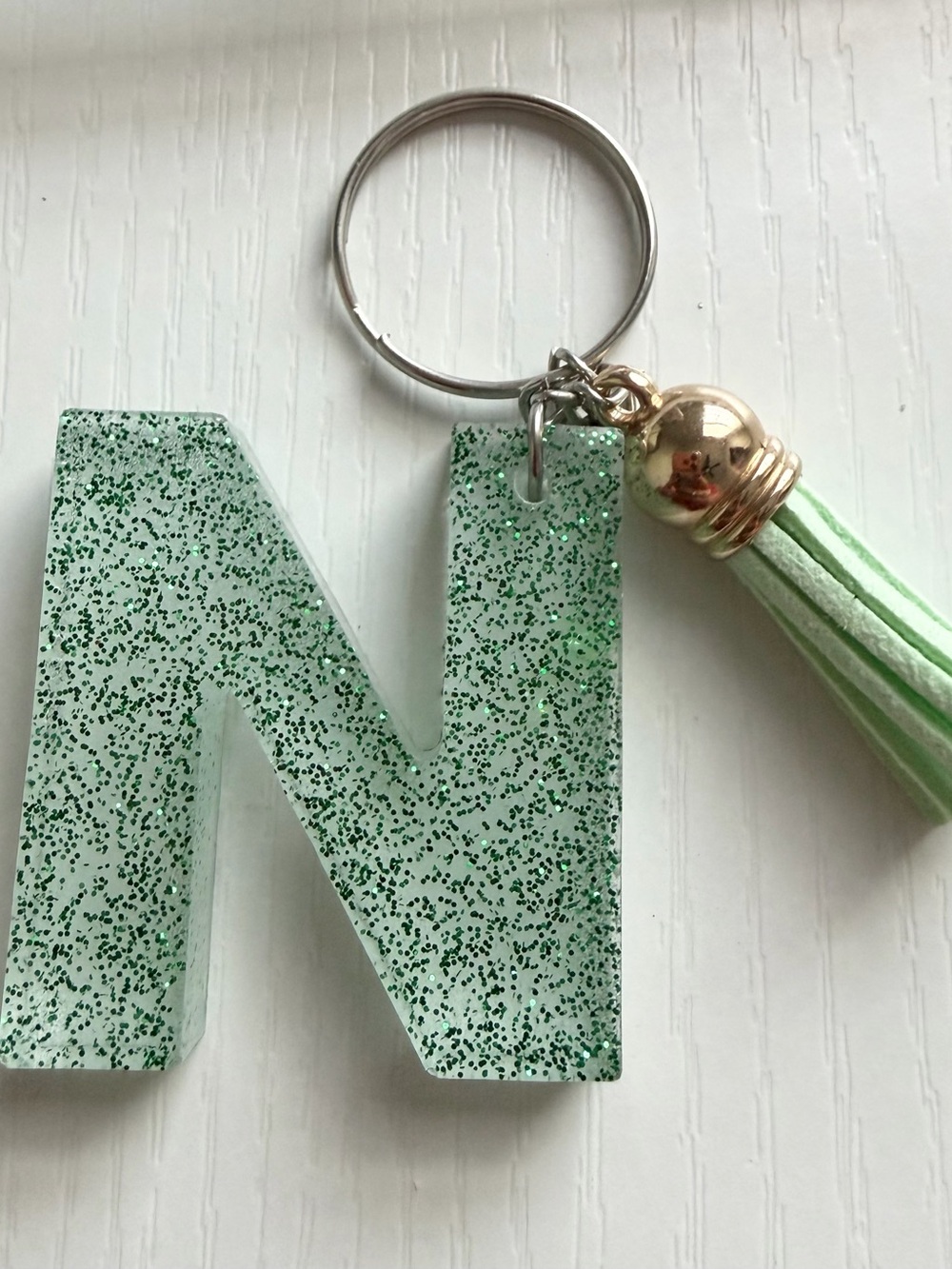 Nameless Mint Green Glitter N Initial Keychain with Tassel